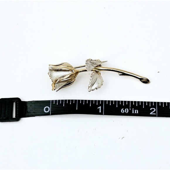 Vintage Rose Brooch Gold & Silver Metal Long Stem 2" GIFT EUC! - Picture 5 of 6